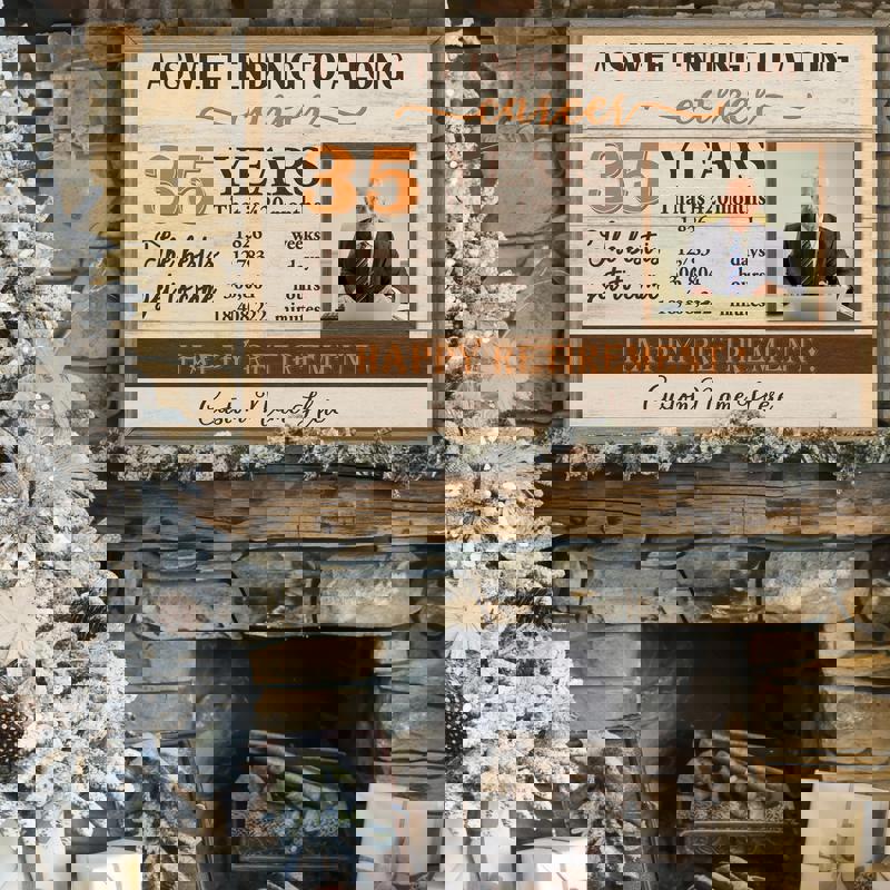 Retirement personalized photo canvas, rustic plank background and script 'A Sweet Ending,' custom photo and retirement date