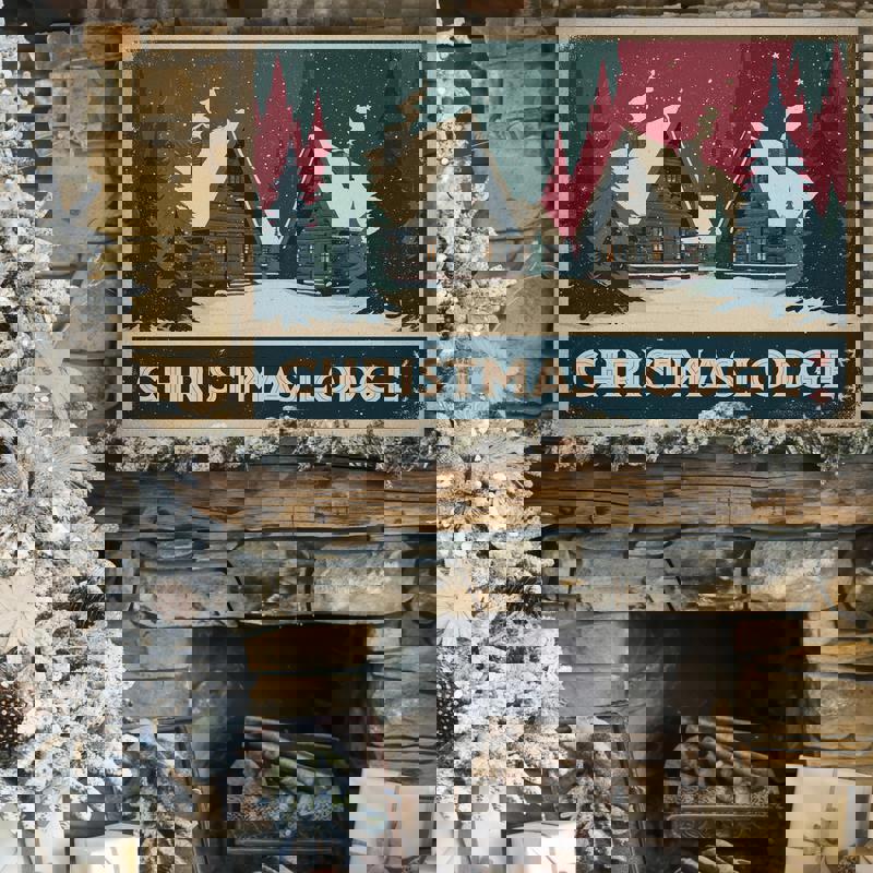 Christmas Lodge Retreat Retro canvas print for dorm rooms, vintage cabin sign design with pine motifs, stars, and muted weathered textures.