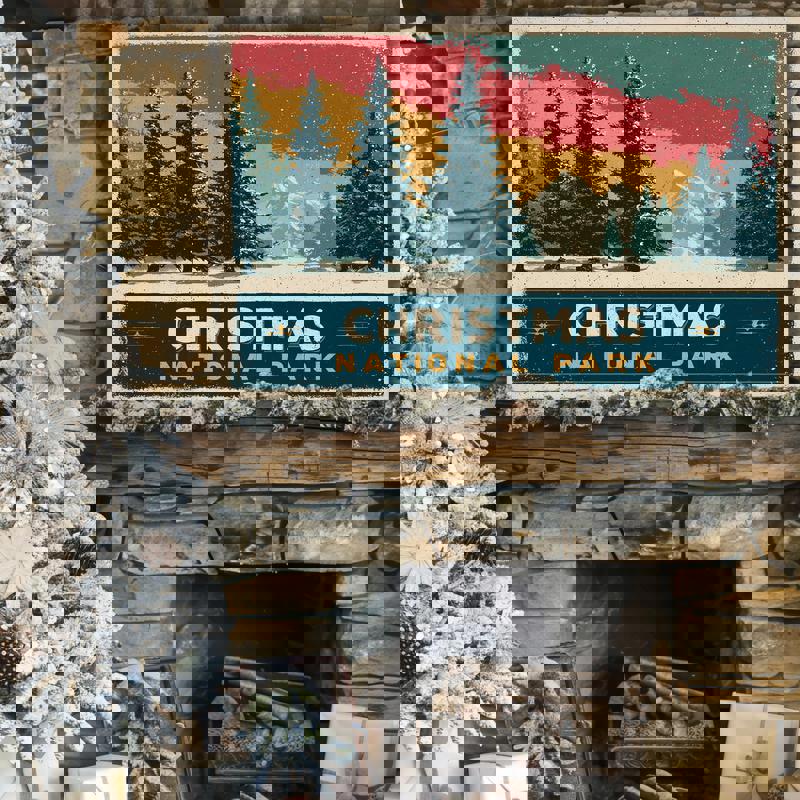 Christmas National Park canvas vintage poster, minimalist snowy landscape and pine silhouettes for dorm wall decor