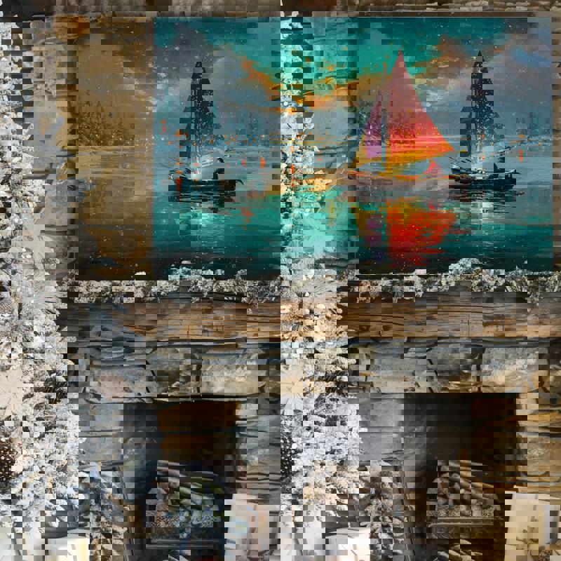 Christmas boat canvas print, rustic textured style with wreath on bow and lantern glow, charming accent for dorm bedroom