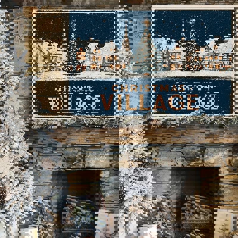 Retro Christmas village canvas print with cozy cottages, snow-laden streets, and soft night glow, inviting holiday mood for dorm walls