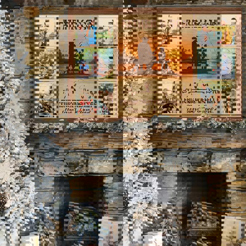 Father and son fishing photo collage canvas, rustic farmhouse wall art keepsake with custom photos for gallery wall display