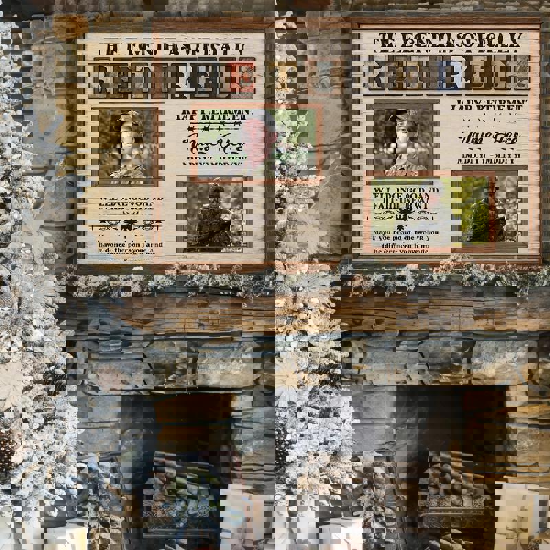Military retirement canvas photo collage gift, rustic farmhouse wood look, custom photos, name, and retirement date for him