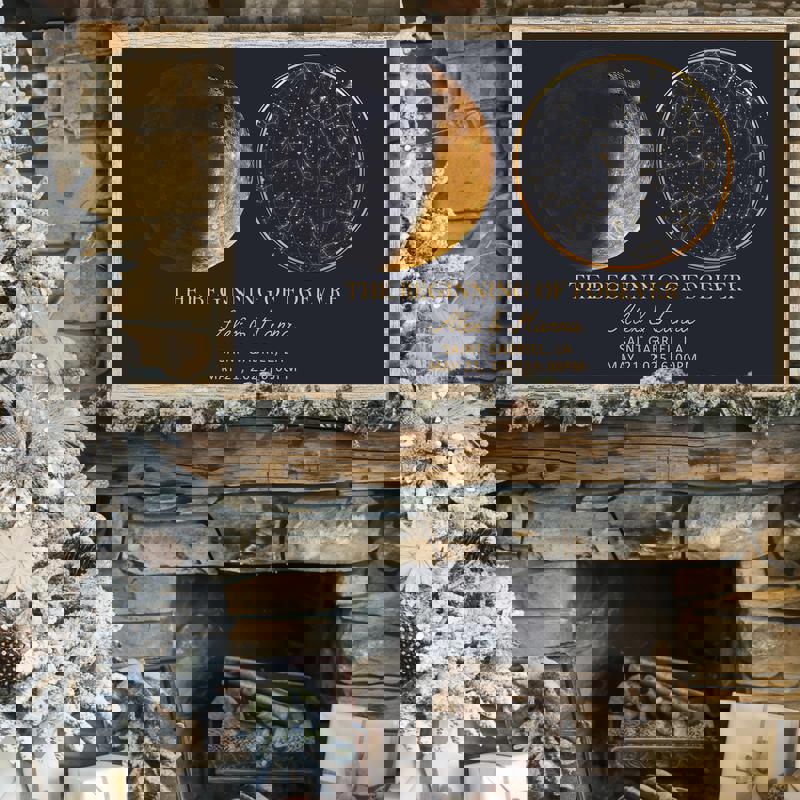 moon phase and star map canvas print, custom star chart featuring your night, names and date, square format, modern style moon phase and star map canvas print, custom star chart featuring your night, names and date, square format, modern style