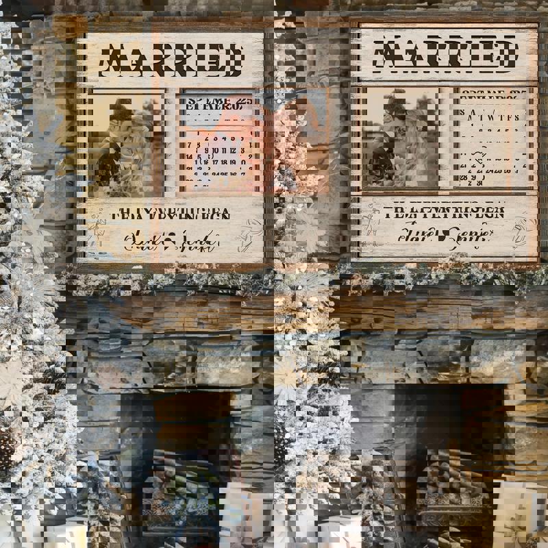 Wedding calendar canvas with eucalyptus accents, personalized names and wedding date highlighted, rustic farmhouse style