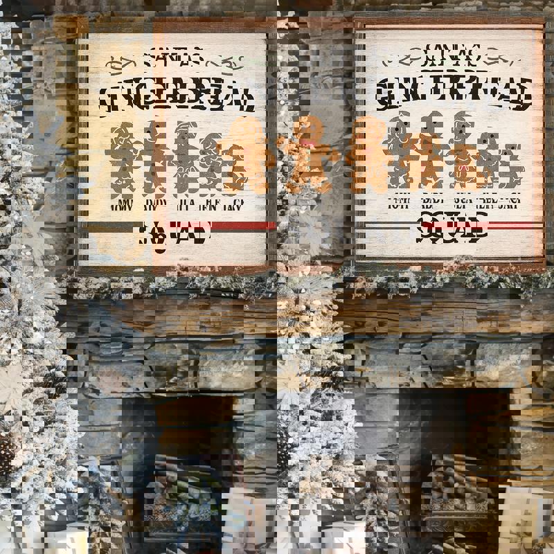 Gingerbread family canvas with custom family name, two parent cookies and baby, rustic Christmas entryway decoration