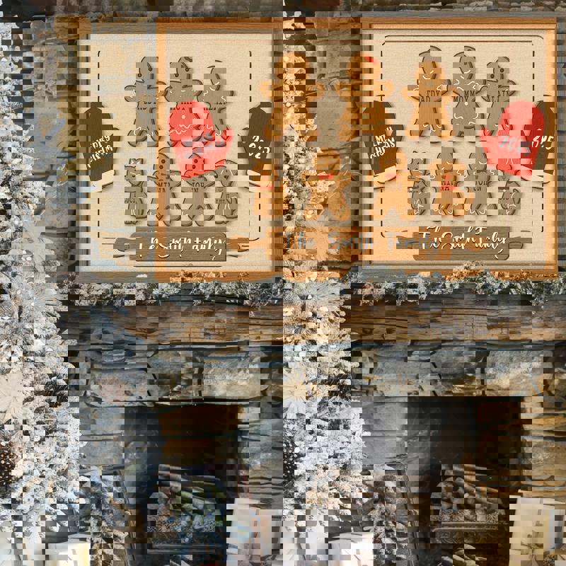 Gingerbread family canvas wall art with rustic farmhouse style, custom grandkids' names on cookies, Christmas mantel decor