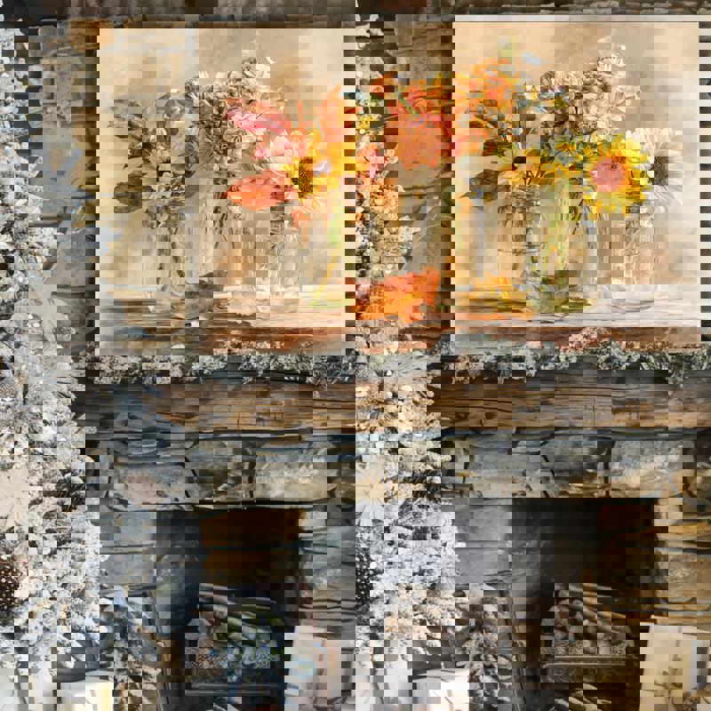 Thanksgiving floral watercolor canvas, rustic jars with earthy greens and burnt orange, panoramic laundry room decor