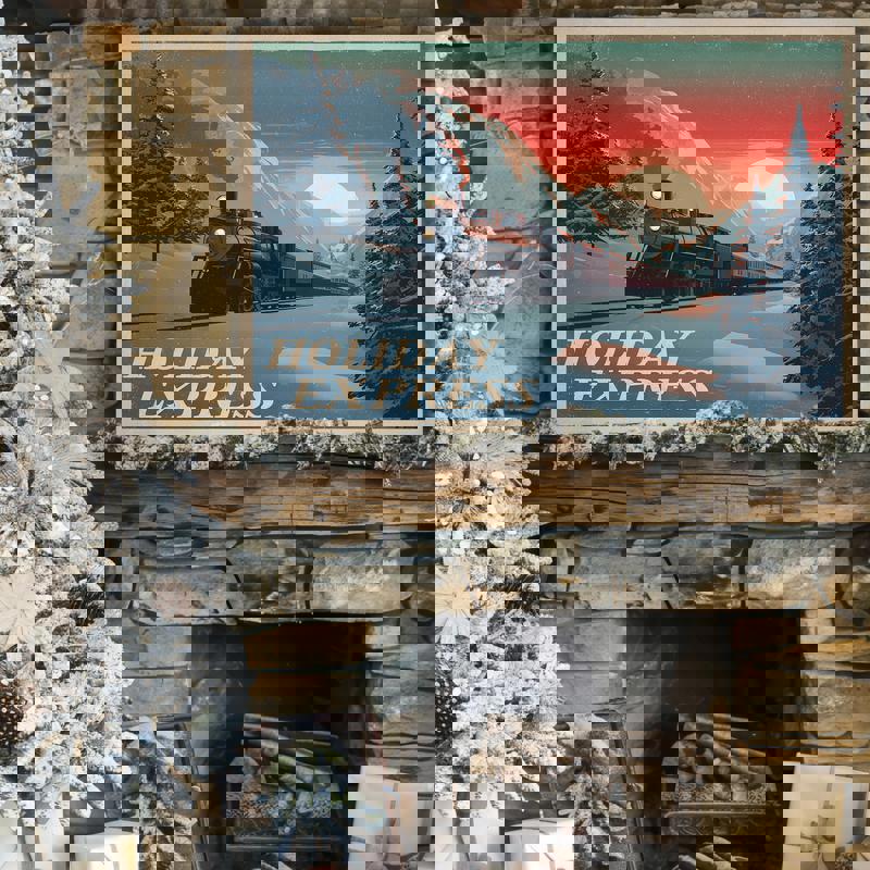 Holiday Express retro travel canvas wall art, snowy night scene with twinkling lights, warm Christmas dorm room decor Holiday Express retro travel canvas wall art, snowy night scene with twinkling lights, warm Christmas dorm room decor