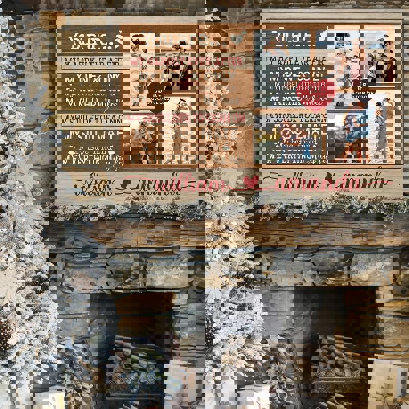 Couple photo collage canvas, landscape layout on rustic wood, 'My Happily Ever After', custom names/date, anniversary art