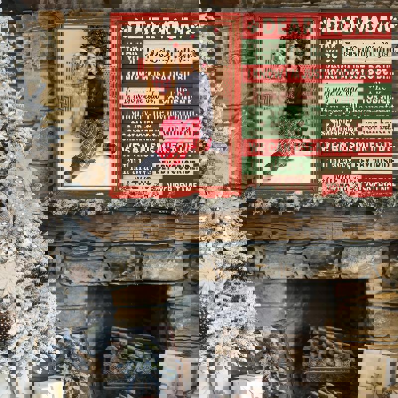 Christmas dog mom canvas with paw print stockings on mantle, rich red backdrop, personalized dog names for festive decor