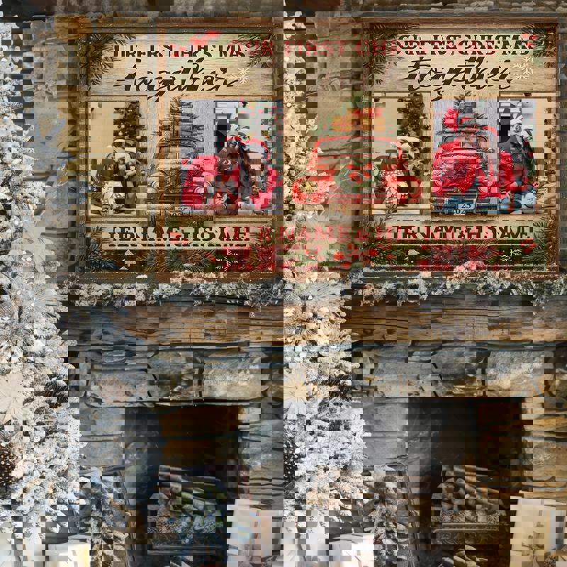 First Christmas together canvas print, custom names and date with mistletoe on blackboard background, square layout