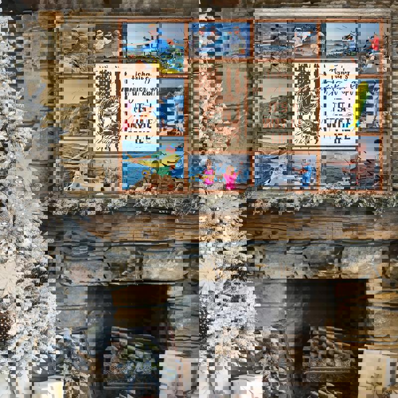 Fishing memories photo collage canvas in farmhouse neutrals, personalized family name and date, anniversary gift for him