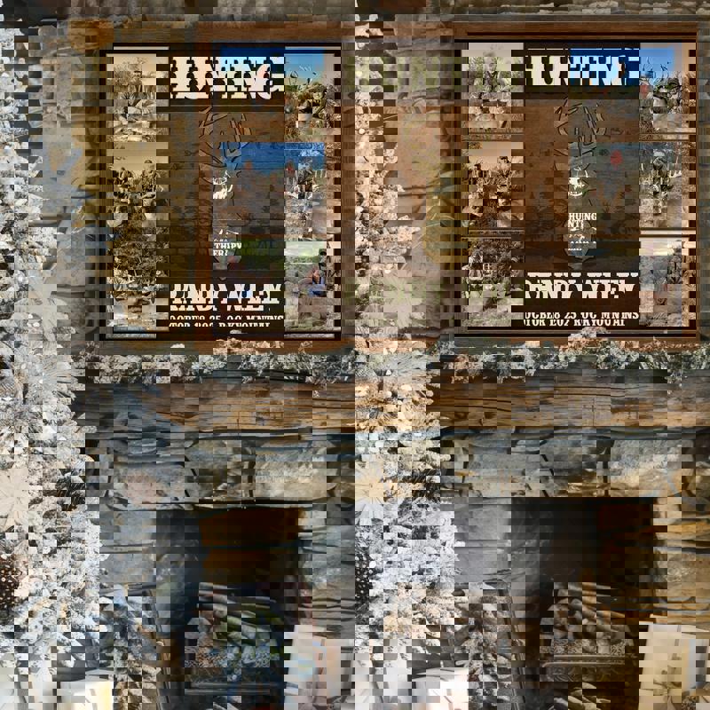 Hunting Is My Therapy canvas print, personalized deer photo collage with antler accents, custom names, anniversary gift for husband