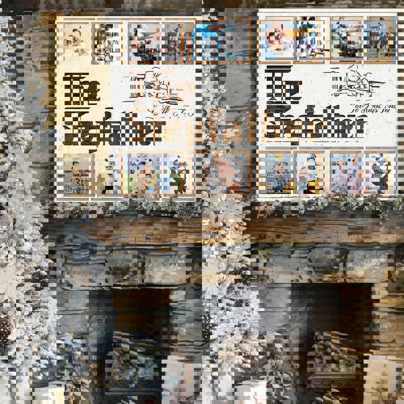 Personalized stepfather photo collage canvas, warm oak farmhouse wall decor with custom name and date, bonus dad birthday gift