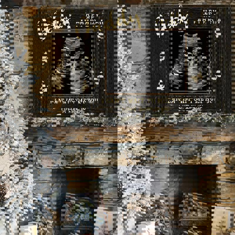 Father’s Day from bump ultrasound frame canvas, personalized letter to Dad and photo, neutral gray minimalist, portrait