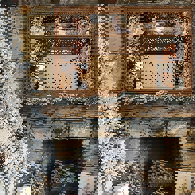 Rustic farmhouse anniversary calendar canvas with burlap texture effect, custom names, wedding date, and photo collage keepsake Rustic farmhouse anniversary calendar canvas with burlap texture effect, custom names, wedding date, and photo collage keepsake