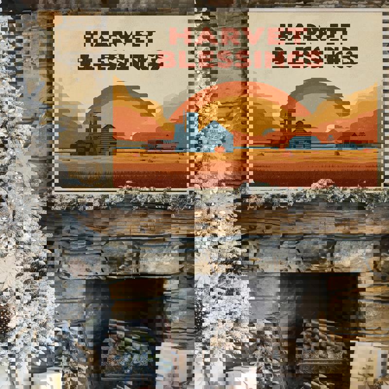 Thanksgiving harvest fields canvas wall art in warm ochre palette, rustic autumn farmland scene for cozy dorm decor