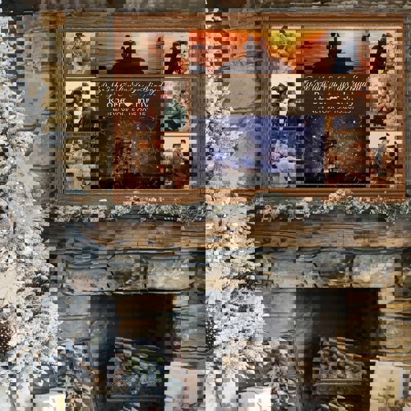 custom star map photo collage canvas with navy starfield, script typography, personalized names and date, rustic edges