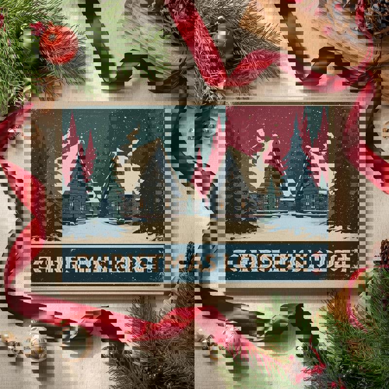 Christmas Lodge Retreat Retro canvas wall art, horizontal layout with rustic cabin, mountain pines, and an aged holiday print texture for dorm spaces.