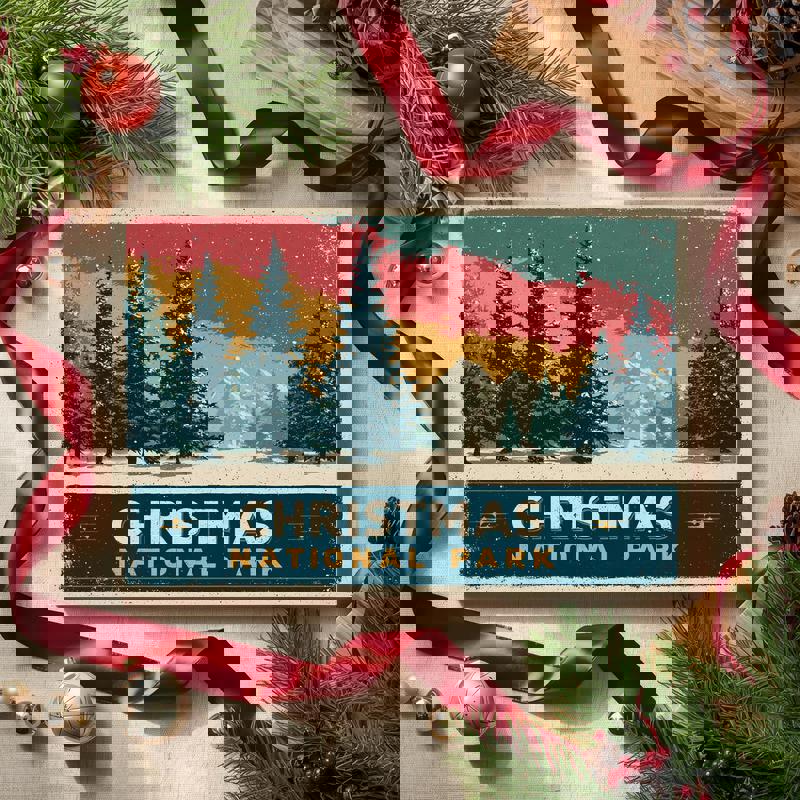 Christmas National Park canvas print, portrait orientation vintage poster art, snowy woods, great for student dorms