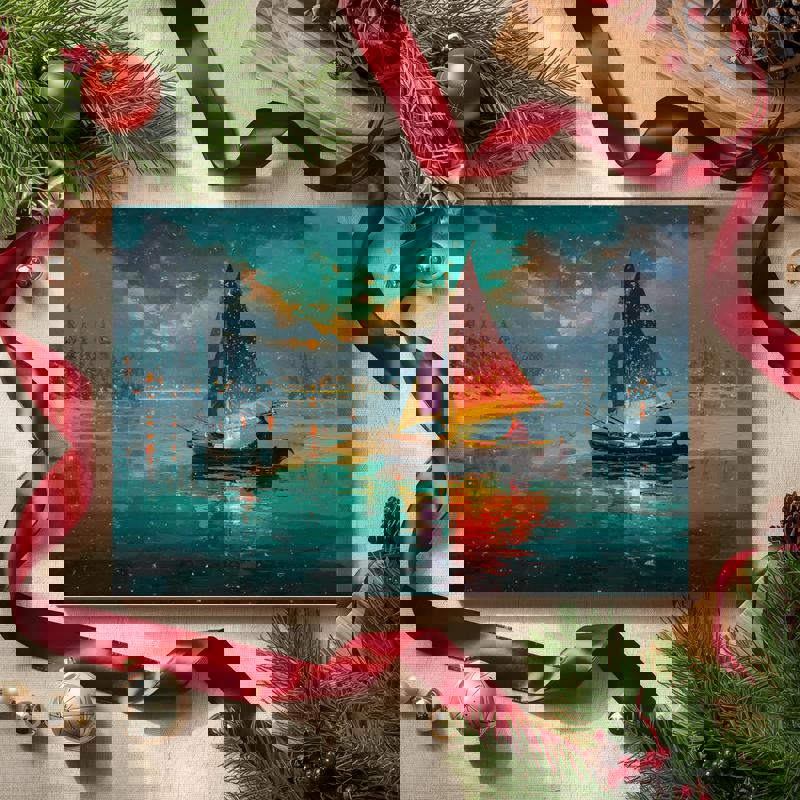 Festive boat Christmas canvas wall art, vintage sepia palette with snowfall, thoughtful holiday gift for college students