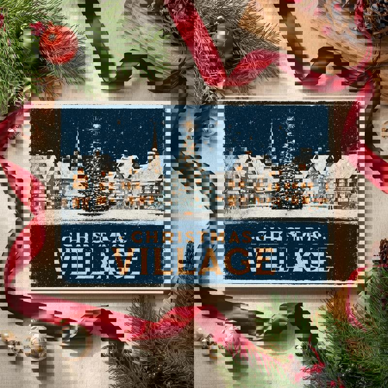 Retro Christmas village canvas wall art shows a peaceful festive hamlet with snowy chimneys and glow, timeless decor for dorm living