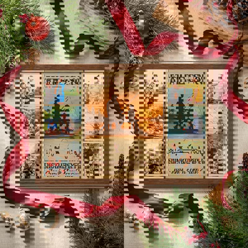 Father and son fishing photo collage canvas keepsake, personalized with your photos, rustic farmhouse wall art for entryway