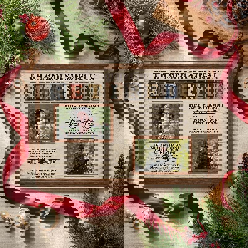 Veteran retirement canvas photo collage, grid layout on rustic farmhouse background, personalized with names, rank, and years