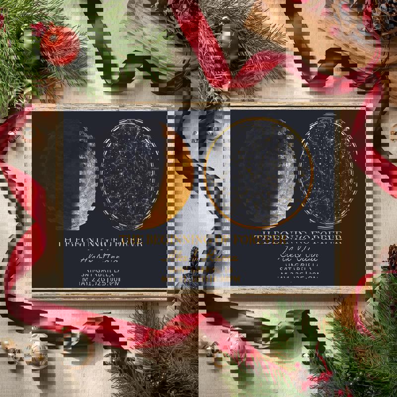 moon phase and star map canvas, custom celestial chart for wedding day, names, date, and place, navy background, gift idea moon phase and star map canvas, custom celestial chart for wedding day, names, date, and place, navy background, gift idea