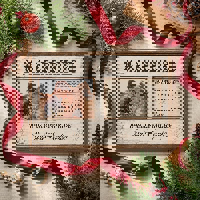 Wedding calendar canvas for bedroom wall decor, custom couple names and date on linen-textured background, neutral tones