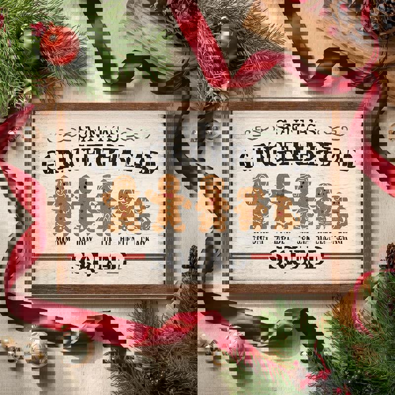 Gingerbread family canvas with personalized family name, classic farmhouse frame, charming Christmas gift for parents