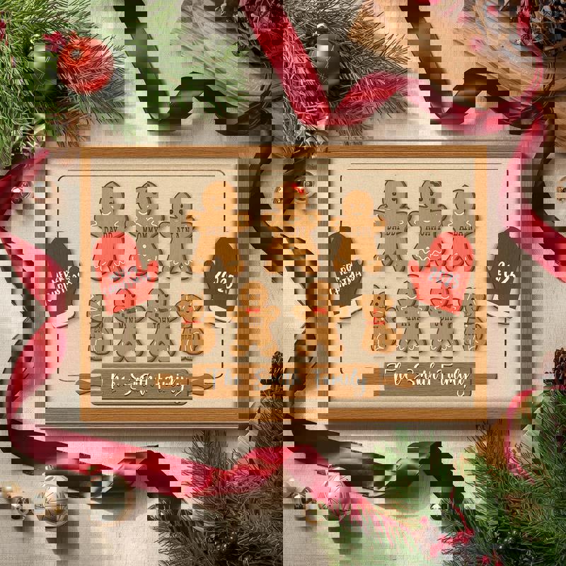 Gingerbread family canvas wall art with hand-lettered script on white, personalized grandkids' names, Christmas decor