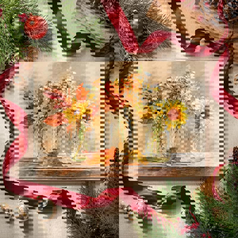 Thanksgiving floral watercolor canvas, rustic jars with creamy whites and soft blush florals, serene laundry room decor