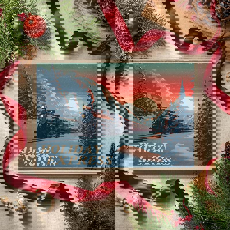 Holiday Express retro travel canvas print, snowy platform scene with garland, merry Christmas decor for the dorm room Holiday Express retro travel canvas print, snowy platform scene with garland, merry Christmas decor for the dorm room