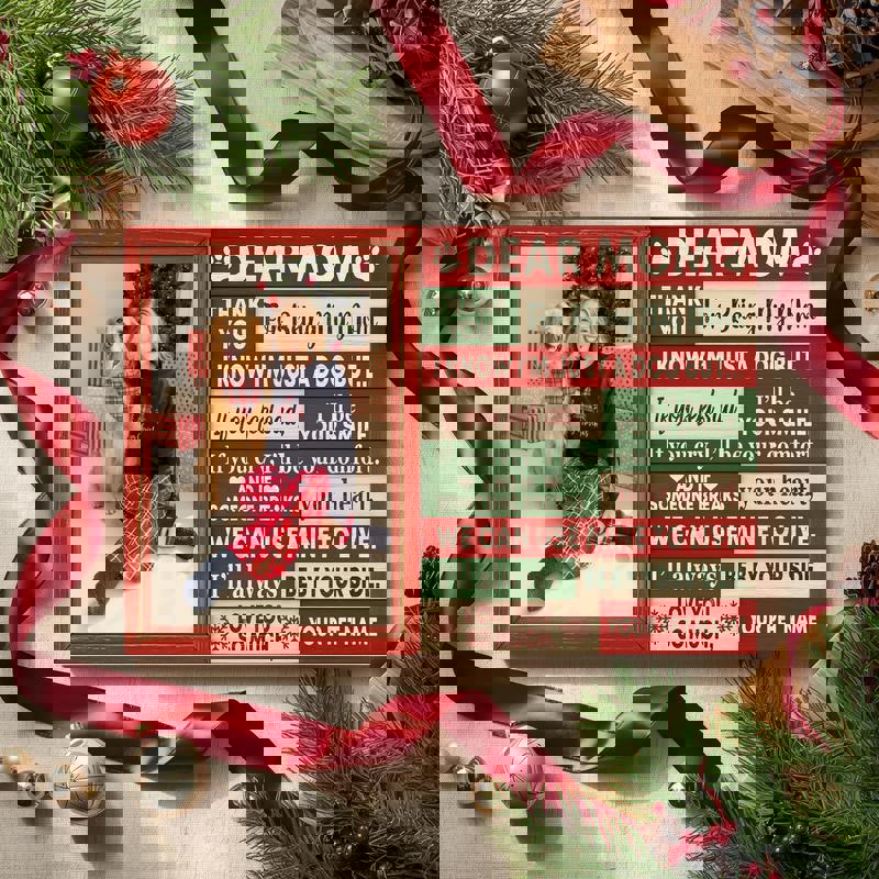 Christmas dog mom canvas, horizontal layout with garland and ornaments, custom message and pet names, charming holiday gift