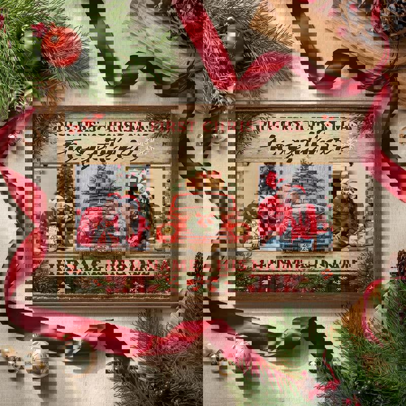 First Christmas together canvas wall art, personalized anniversary collage on green pine backdrop, rustic holiday gift