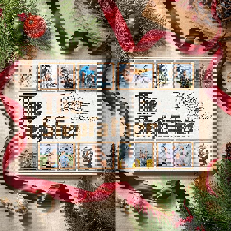 Personalized bonus dad photo collage wall art canvas, barnwood backdrop with scripted names and heart, Father’s Day gift