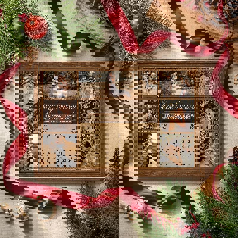 Rustic farmhouse anniversary calendar canvas featuring minimalist design, personalized names, date, and photo collage for newlyweds Rustic farmhouse anniversary calendar canvas featuring minimalist design, personalized names, date, and photo collage for newlyweds