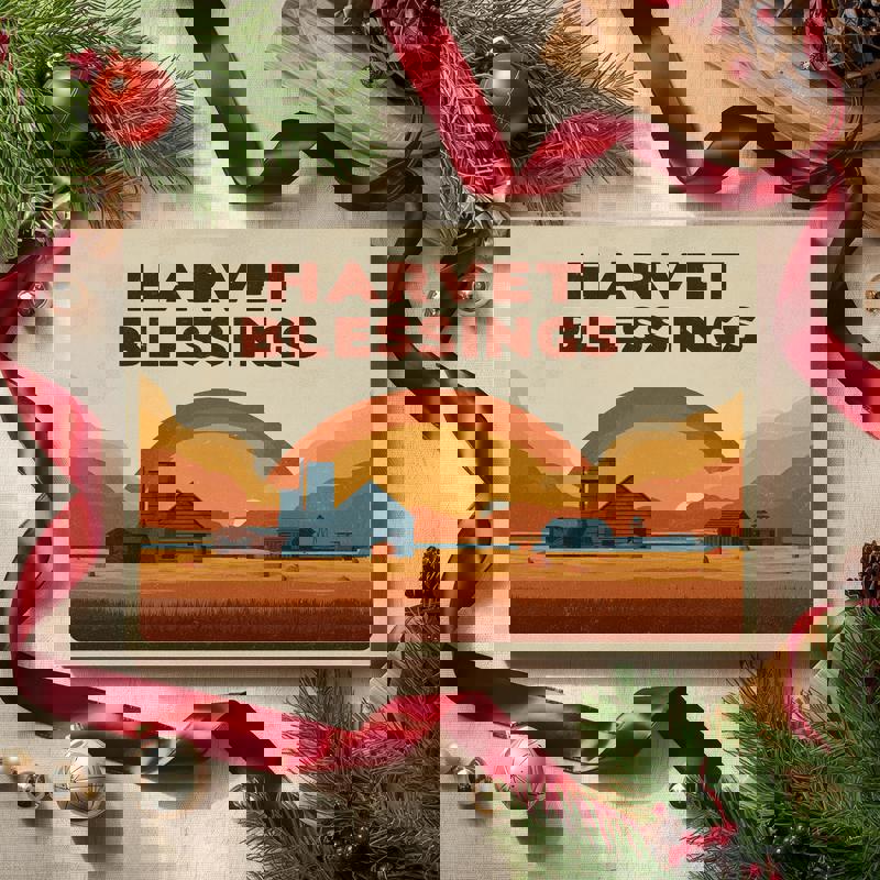 Thanksgiving harvest fields vintage poster in muted earth tones, pastoral fall scene to complement dorm or apartment decor