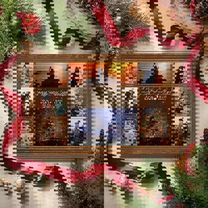 custom star map photo collage canvas in rustic finish, personalized with names, date and location, living room wall decor