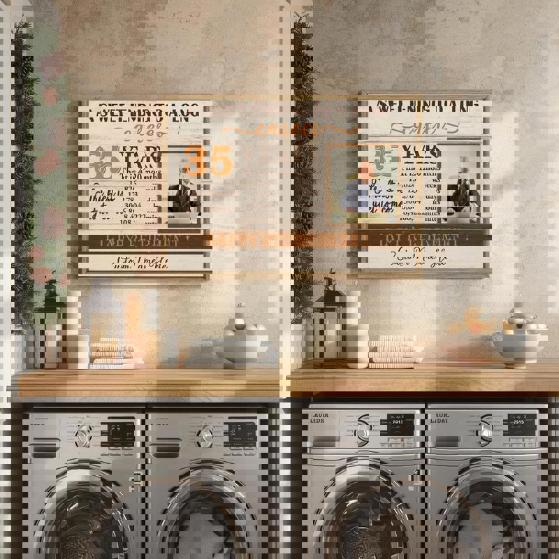 Retirement personalized photo canvas wall art, dark walnut rustic finish, custom photo, name; perfect for dad's retirement