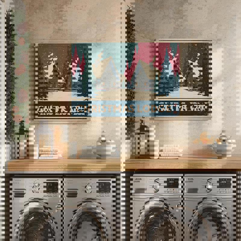 Christmas Lodge Retreat Retro canvas wall decor, classic cabin retreat graphic in weathered style, deep forest green with rich cranberry reds.