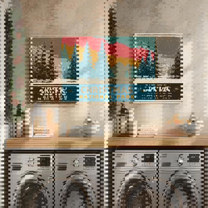 Christmas National Park canvas print, retro poster vibe with starry winter sky and peaks, cozy decor for dorm rooms