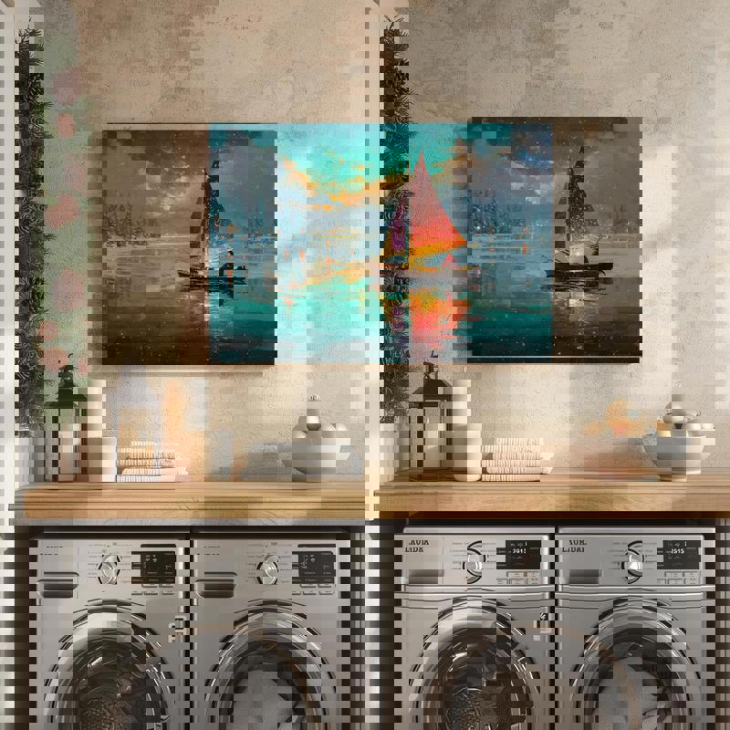 Festive boat Christmas canvas, panoramic horizontal view with twinkling string lights, serene wall decor for dorm lounges