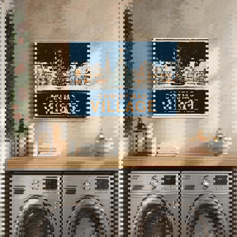 Retro Christmas village canvas print captures a serene snow-covered town at dusk, warm window light adds nostalgic comfort to dorm spaces