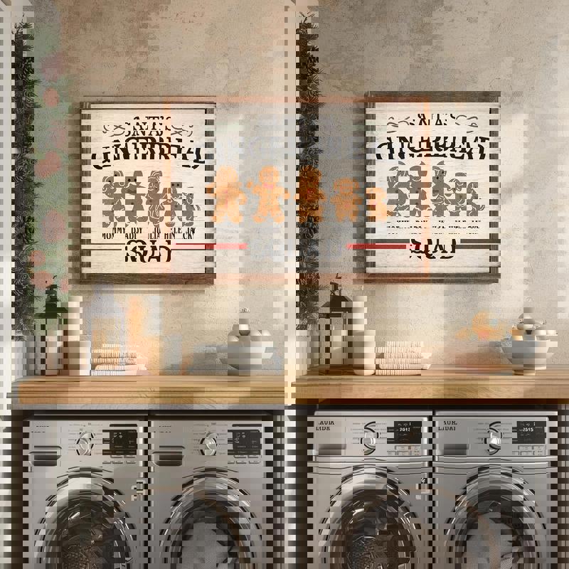 Gingerbread family canvas featuring custom surname, classic red and green accents, rustic Christmas living room art