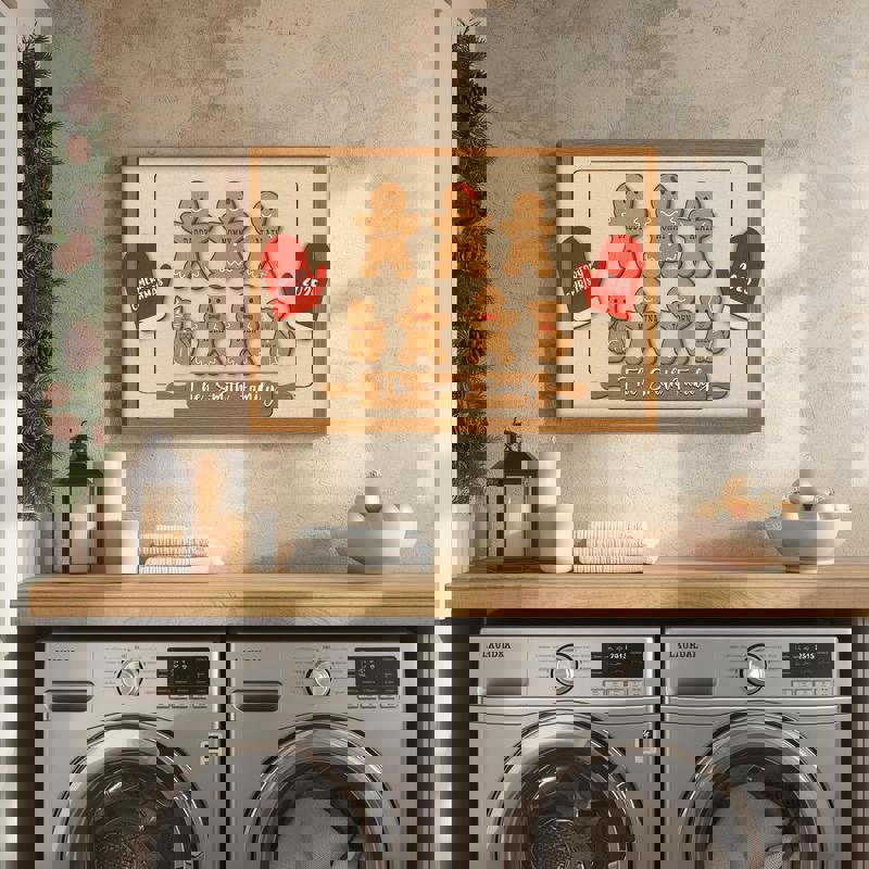 Christmas gingerbread family canvas wall art for Mimi, custom grandchildren names on cookies, holiday kitchen decor