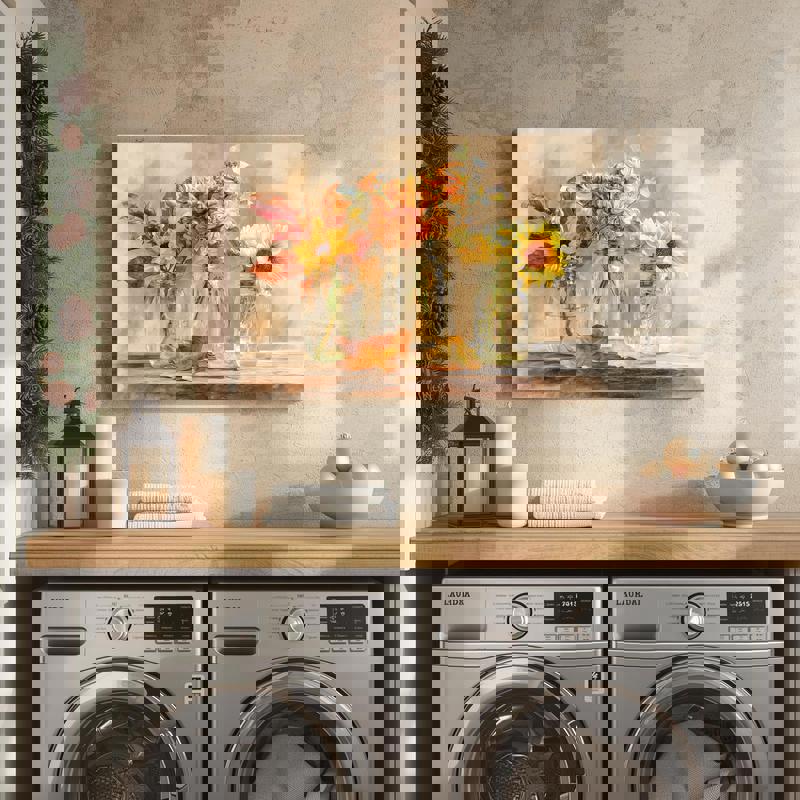 Thanksgiving floral watercolor canvas in rustic jars, neutral farmhouse laundry room art, thoughtful housewarming gift