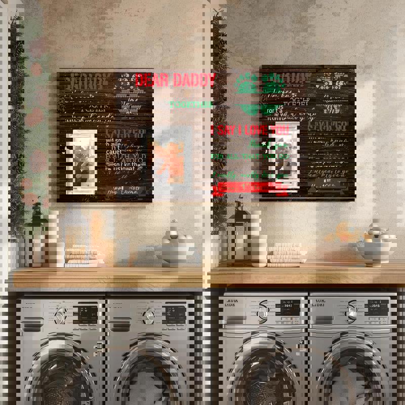 Happy First Christmas canvas wall sign, personalized from baby to Dad, rustic, custom names and date for holiday home